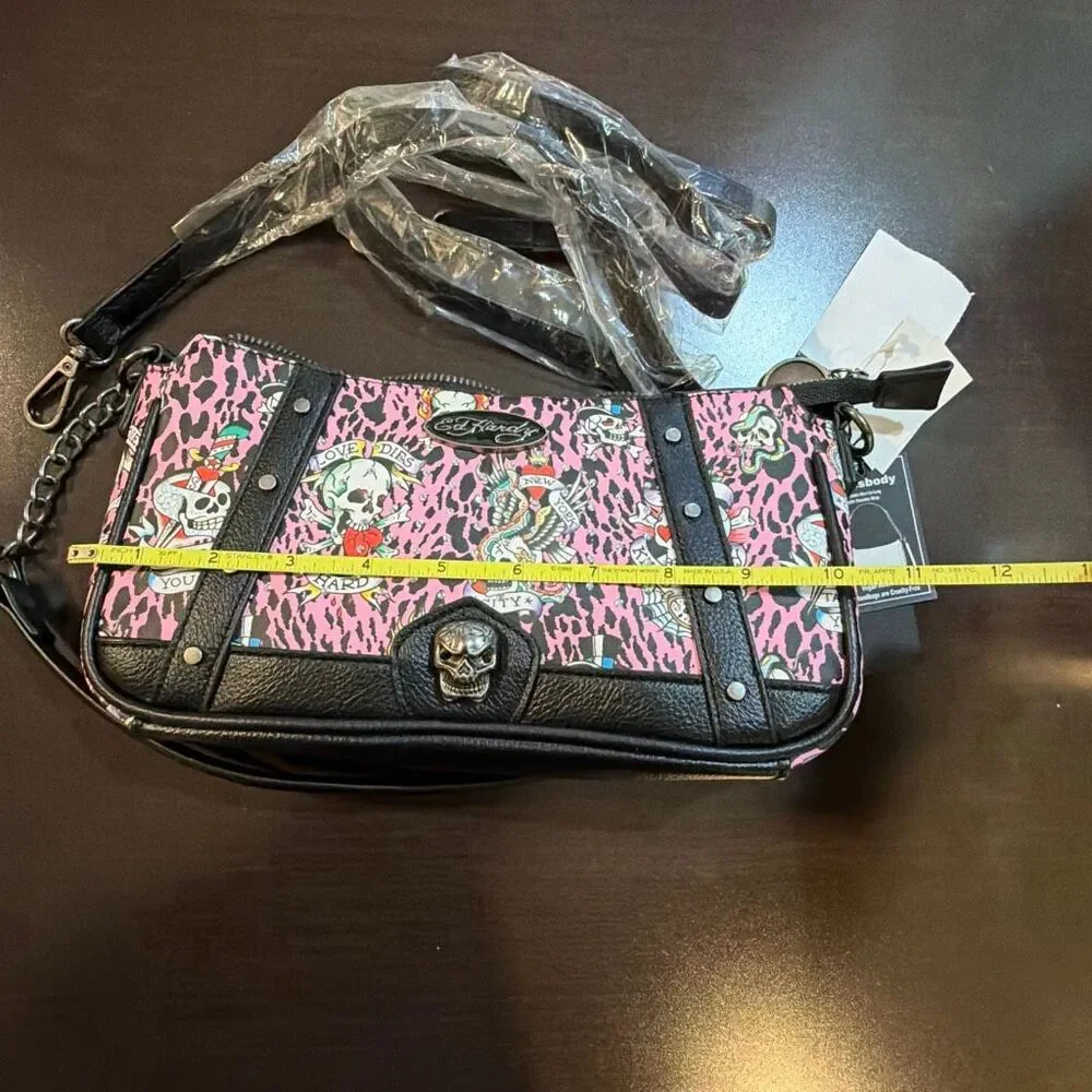 NWT Ed Hardy pink‎ leopard tattoo baguette bag
